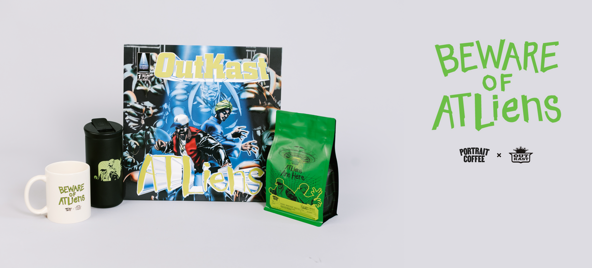 Beware of ATLiens — Portrait Coffee × OutKast launch banner, desktop