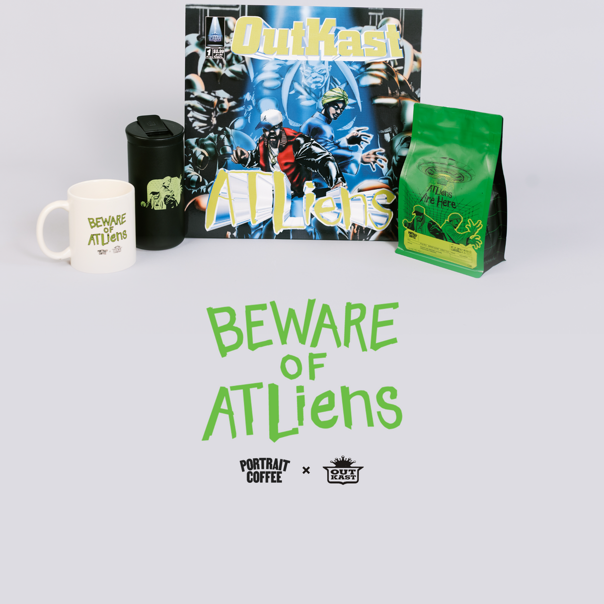 Beware of ATLiens — Portrait Coffee × OutKast launch banner, mobile, v2 button-safe