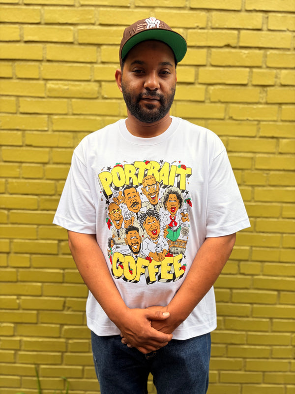 Portrait Coffee FRKO x Portrait Juneteenth t-shirt featuring Atlanta artist FRKO's illustration of Black cultural icons
