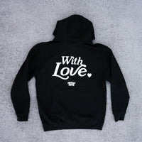 Black hoodie with 'With Love' text on a gray surface