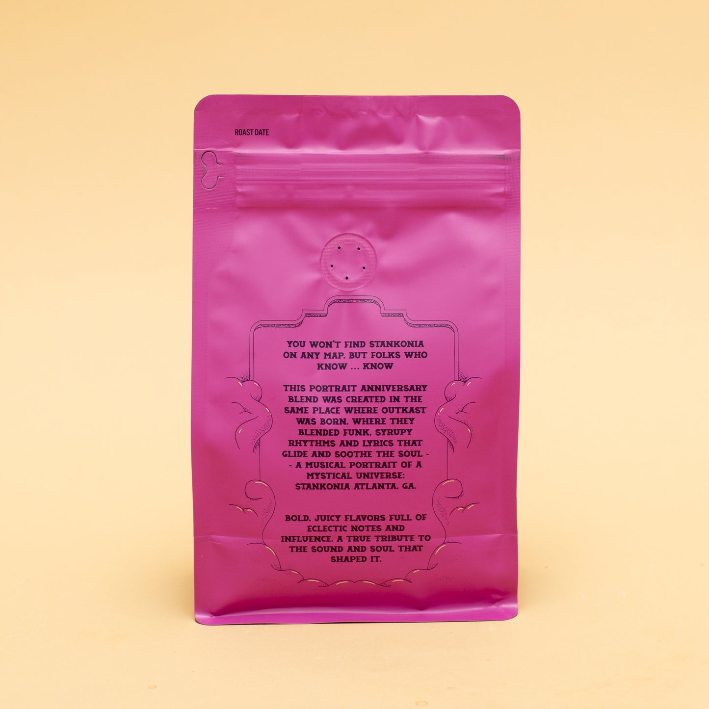 Pink coffee bag with text on a yellow background
