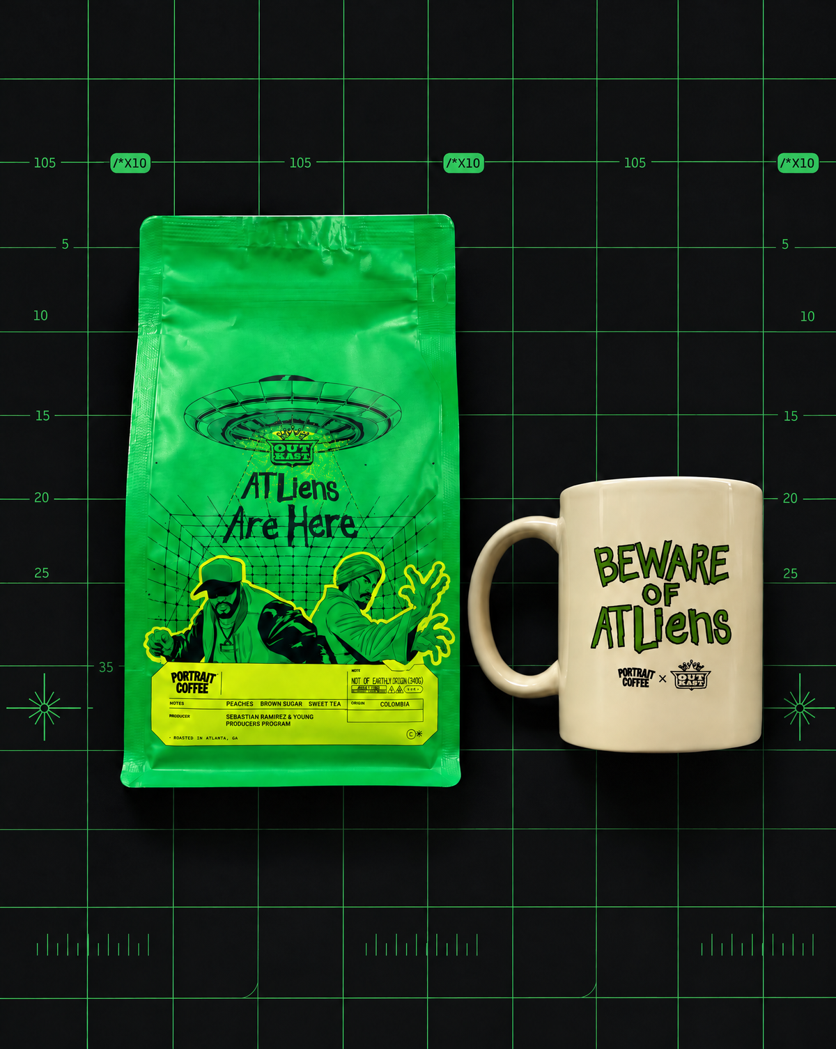 Two Dope Boyz Set: ATLiens peach co-ferment coffee bag and Beware of ATLiens mug