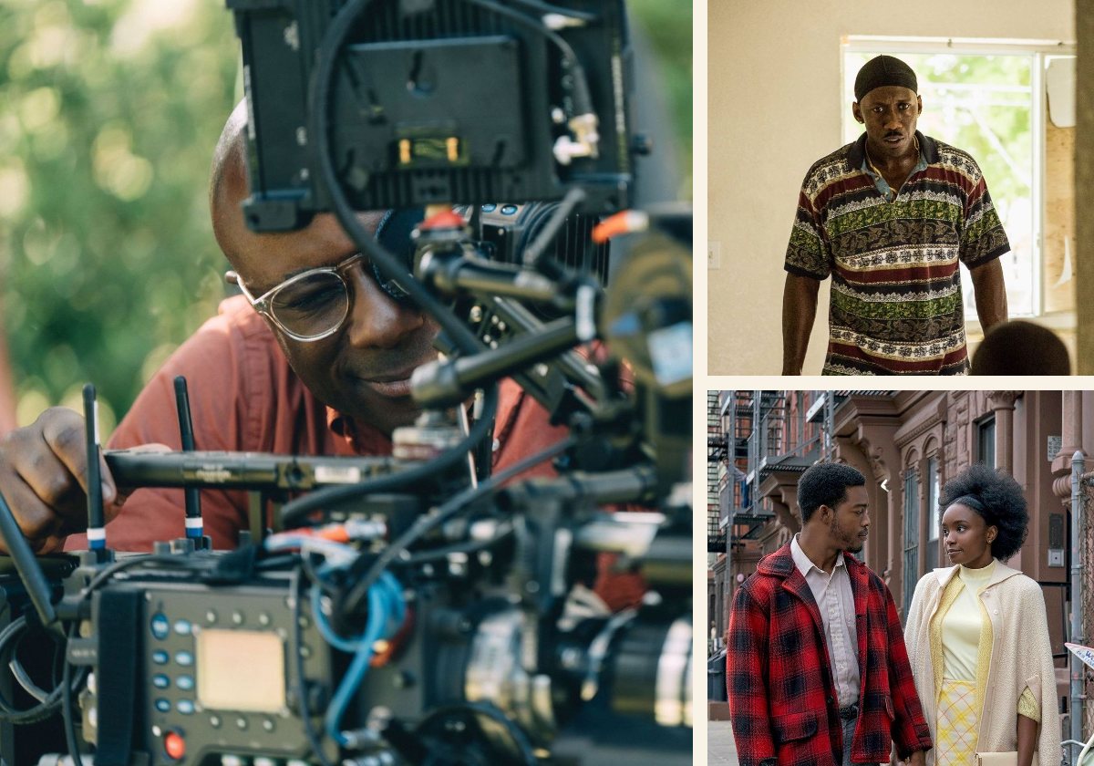 Barry Jenkins behind a film camera; stills from Moonlight and If Beale Street Could Talk