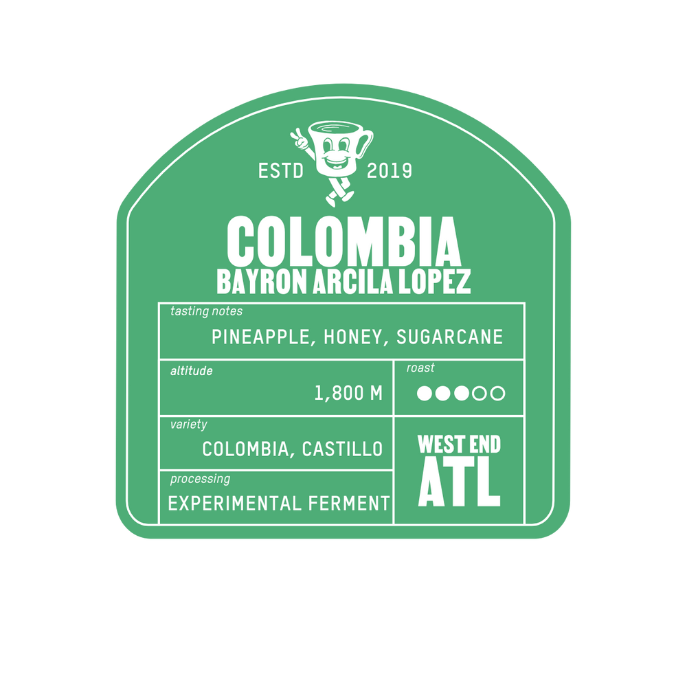 Green label with white text detailing coffee information from Colombia