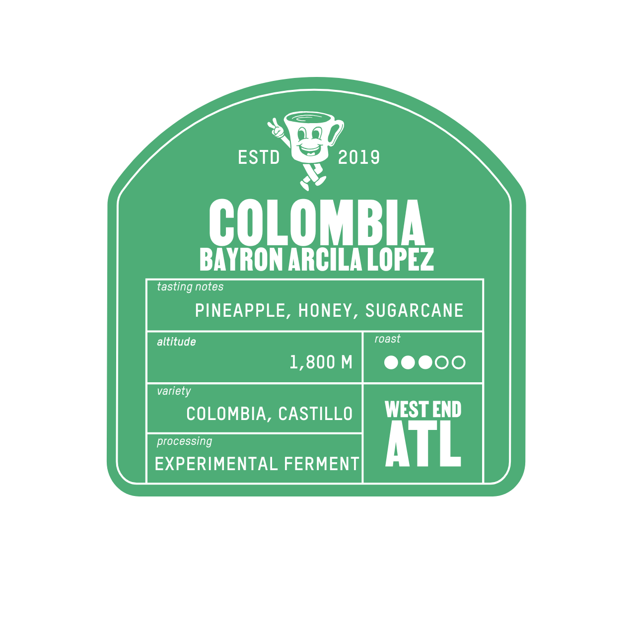 Green label with white text detailing coffee information from Colombia