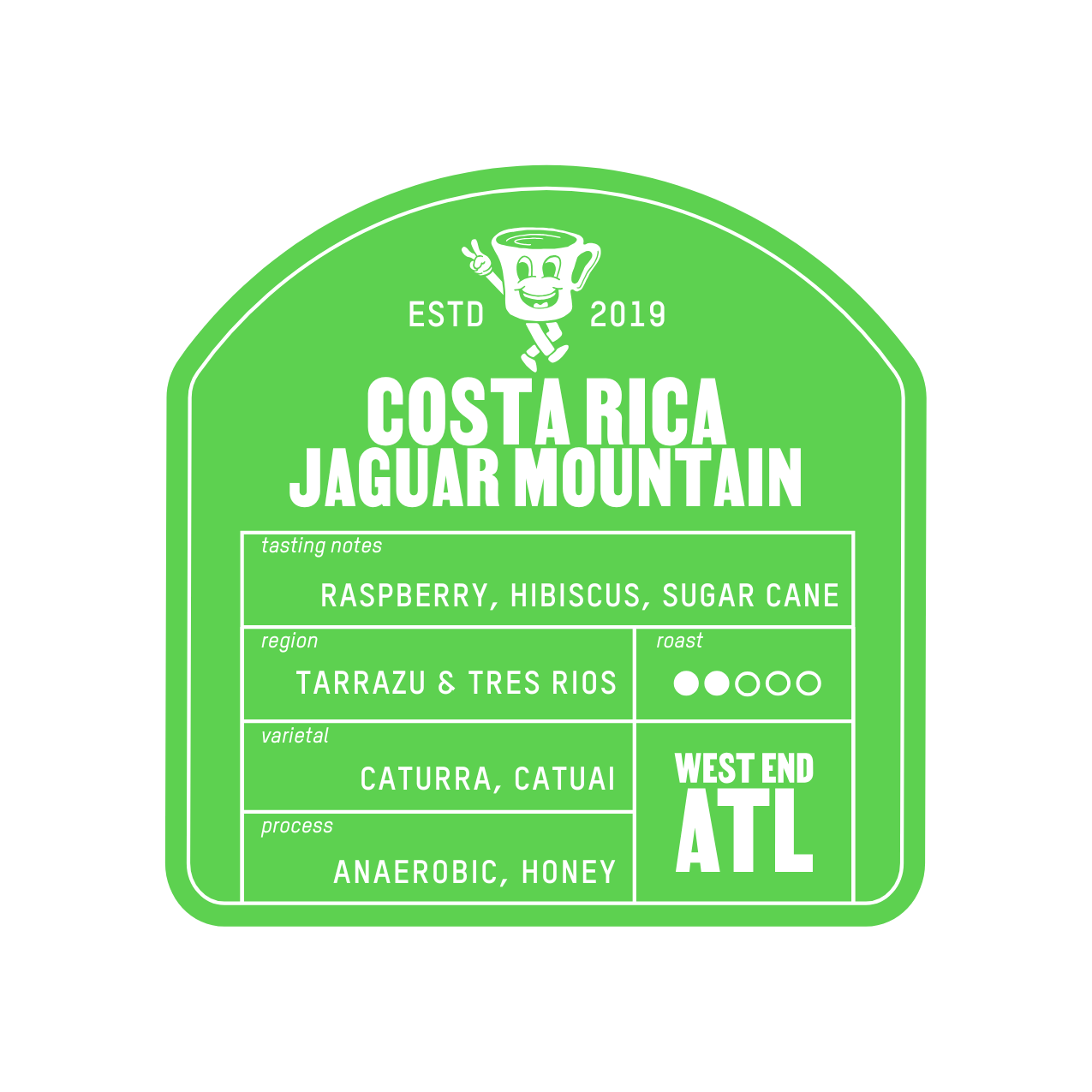 Green label with white text detailing Costa Rica Jaguar Mountain coffee information on a white background