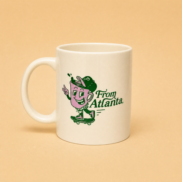 Portrait Coffee With Love diner mug, front view, 10 oz cream ceramic coffee mug made in Atlanta