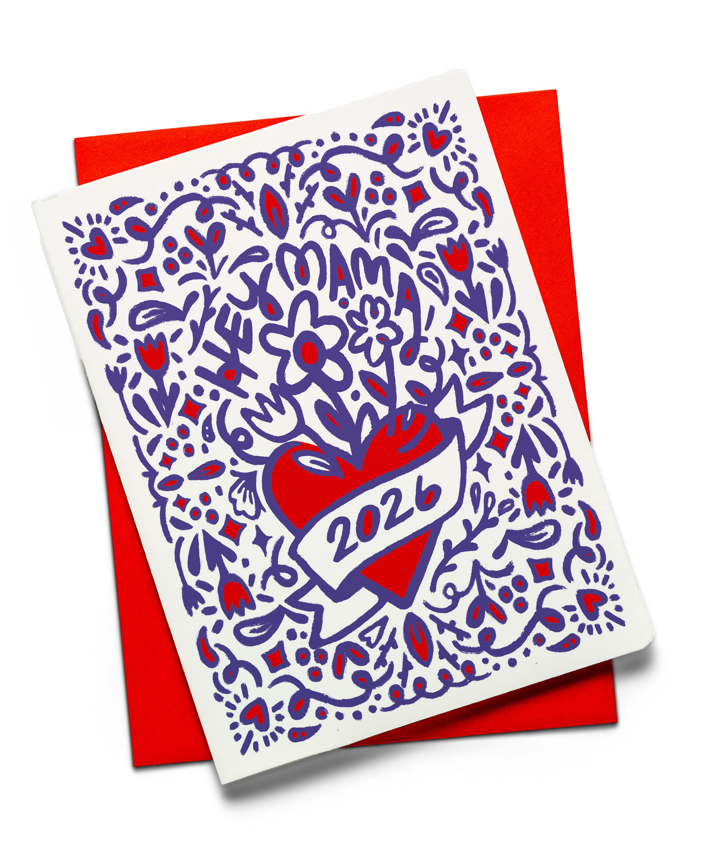 Greeting card with blue and red heart design on a white background
