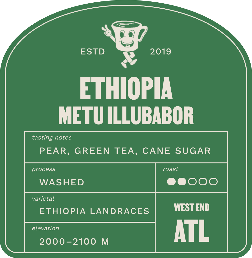 Ethiopia Metu Illubabor label: pear, green tea, cane sugar tasting notes, washed process, 2000 to 2100 m