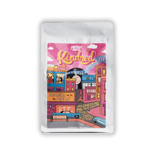 
                  
                    Coffee package with colorful cityscape design on a white background
                  
                